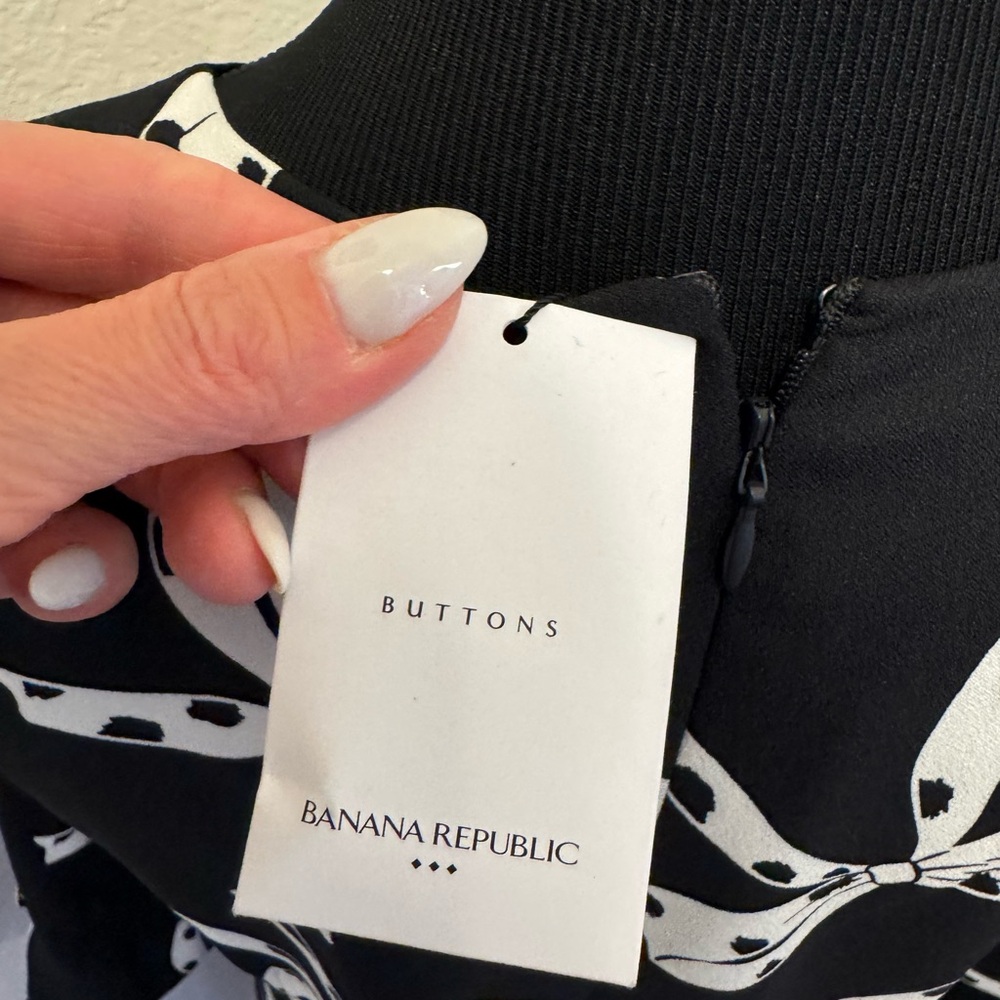 Banana Republic Black White Bow Print Shift Dress 3/4 Sleeve Size 6 NEW - Picture 6 of 12